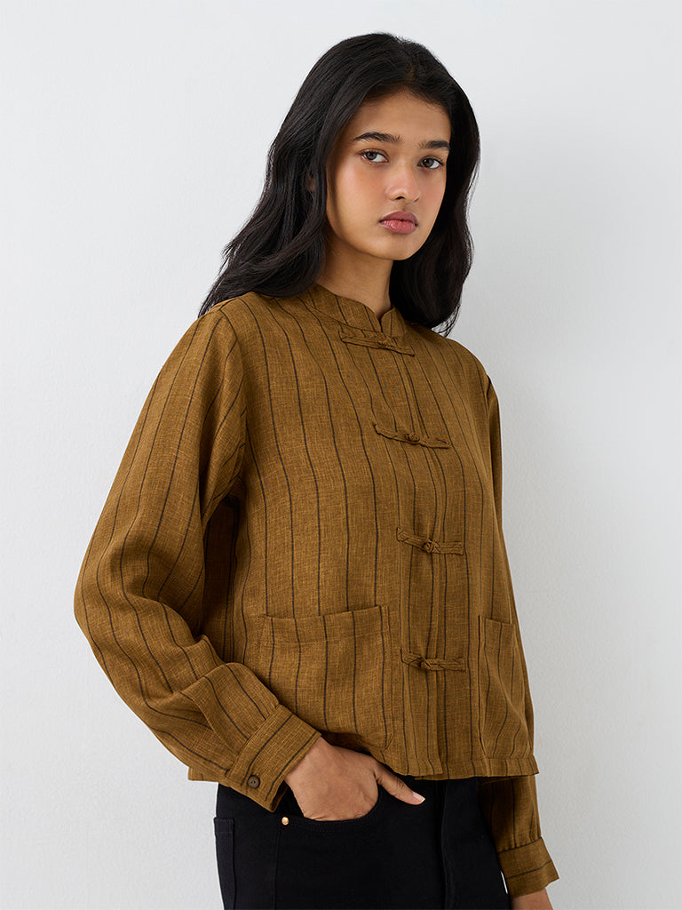 LOV Dark Mustard Striped Blouse with Frog Fastening