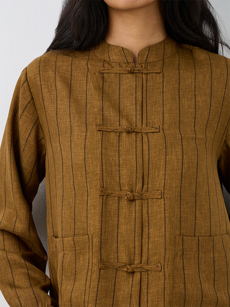 LOV Dark Mustard Striped Blouse with Frog Fastening