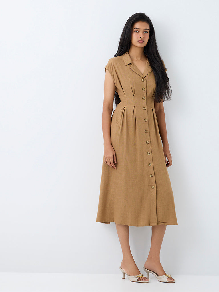 LOV Dark Beige Pleated Midi Shirt Dress.