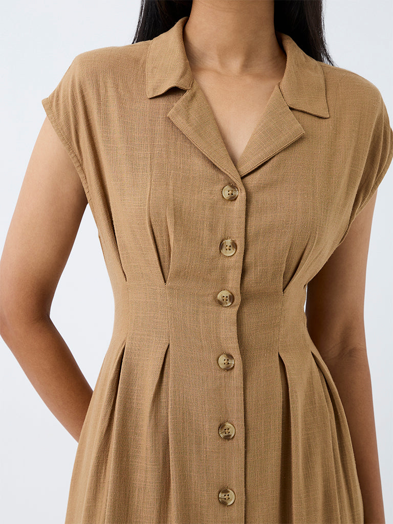 LOV Dark Beige Pleated Midi Shirt Dress.