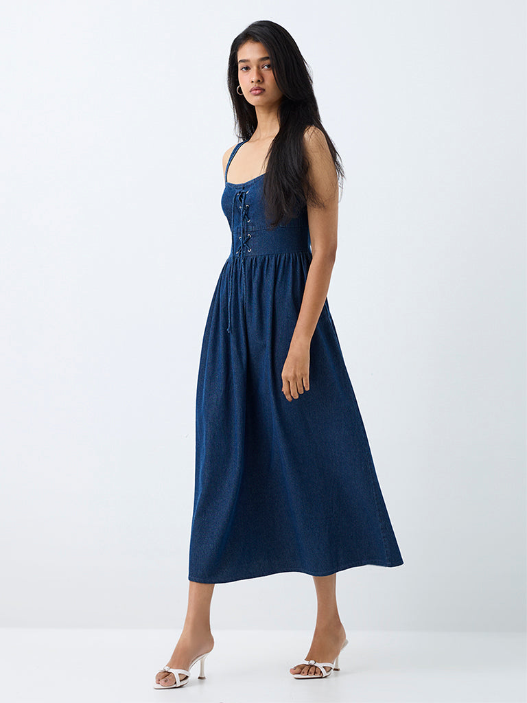 LOV Dark Blue Tie-Up Detail Fit-and-Flare Denim Dress