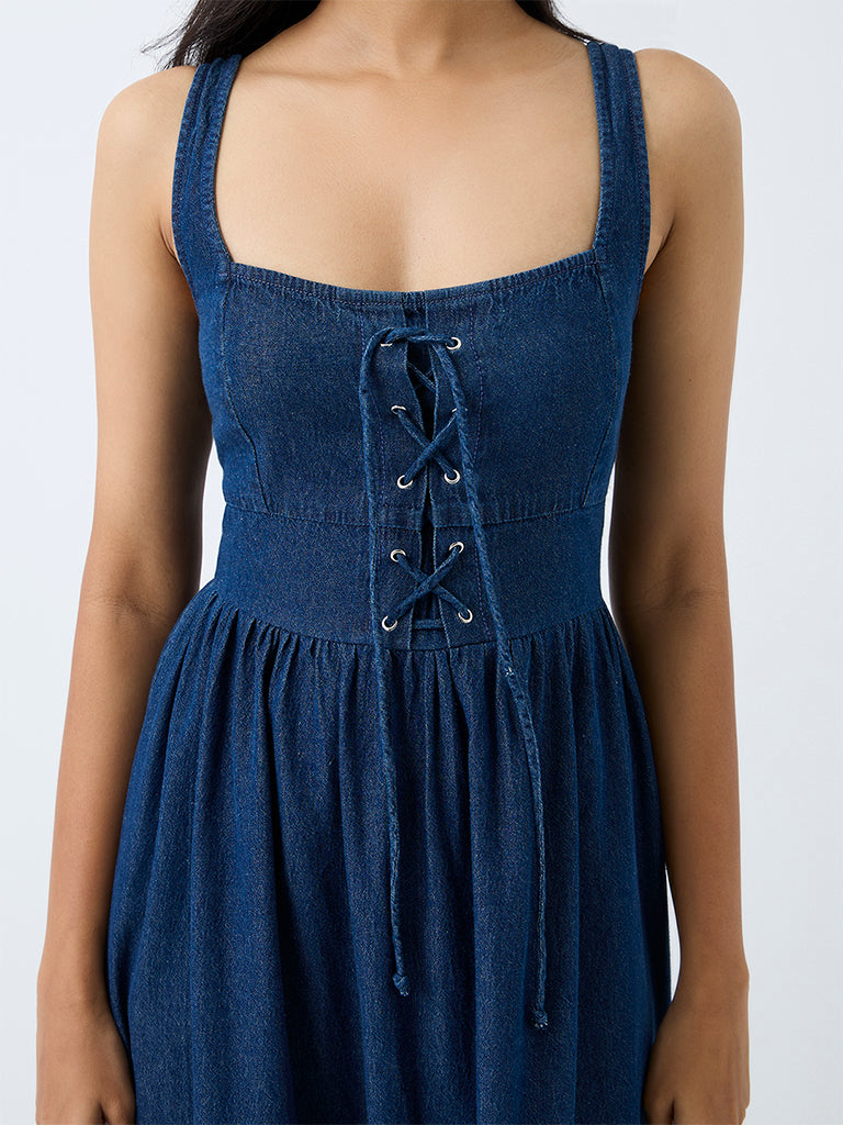 LOV Dark Blue Tie-Up Detail Fit-and-Flare Denim Dress