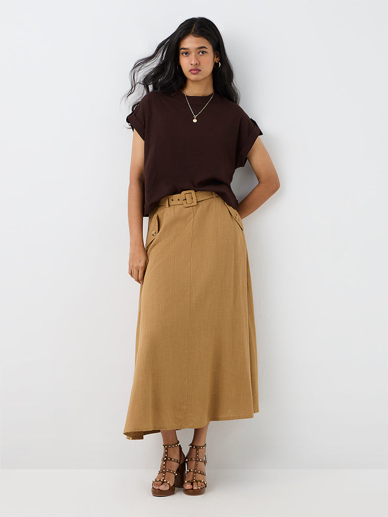 LOV Dark Beige High-Rise Cotton Skirt with Belt