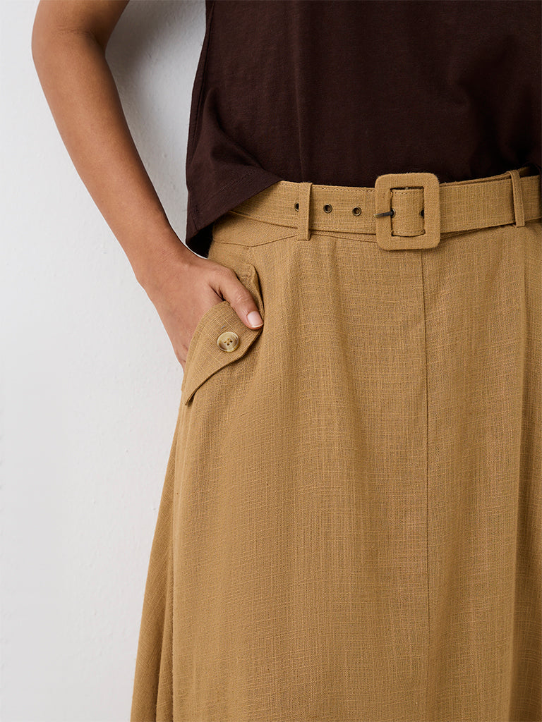 LOV Dark Beige High-Rise Cotton Skirt with Belt