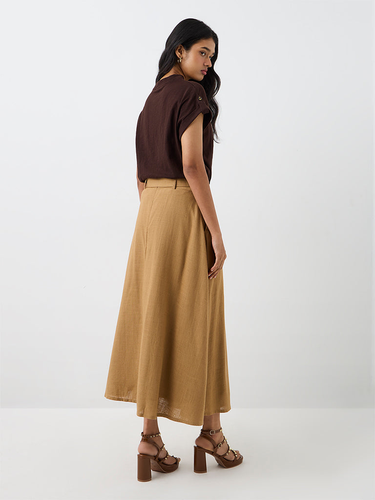 LOV Dark Beige High-Rise Cotton Skirt with Belt