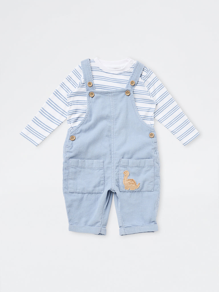 HOP Baby Boys Dusty Blue Corduroy Cotton Dungarees with Striped T-Shirt Set
