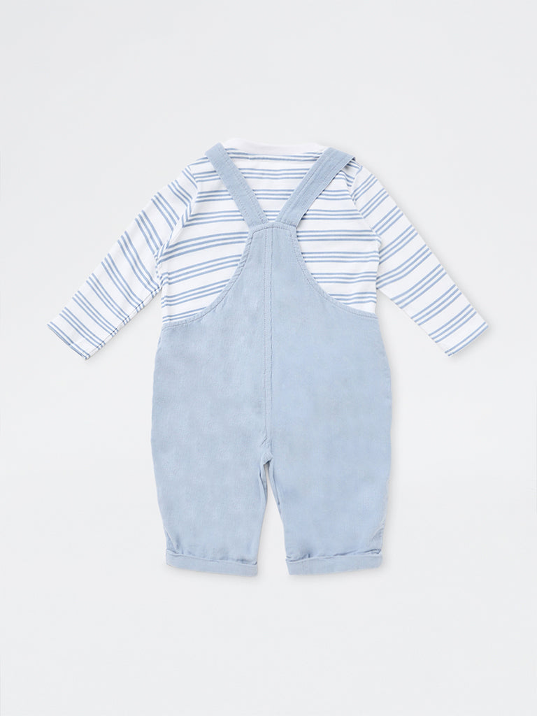 HOP Baby Boys Dusty Blue Corduroy Cotton Dungarees with Striped T-Shirt Set