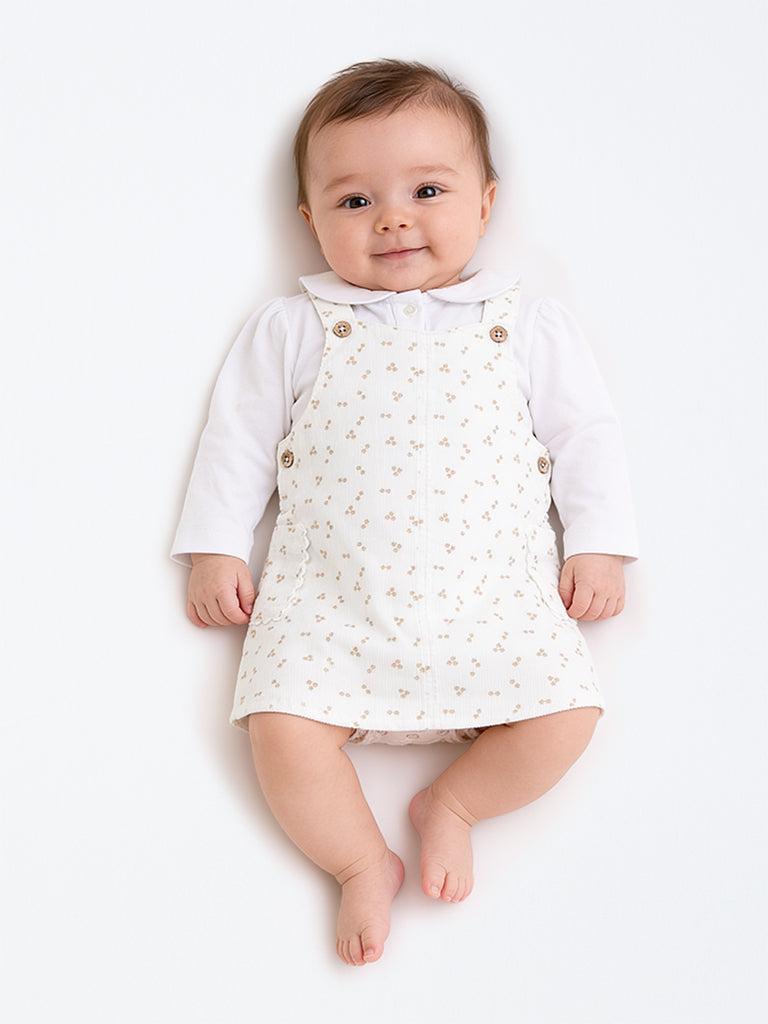 HOP Baby Girls White Printed Denim Pinafore and Top Set