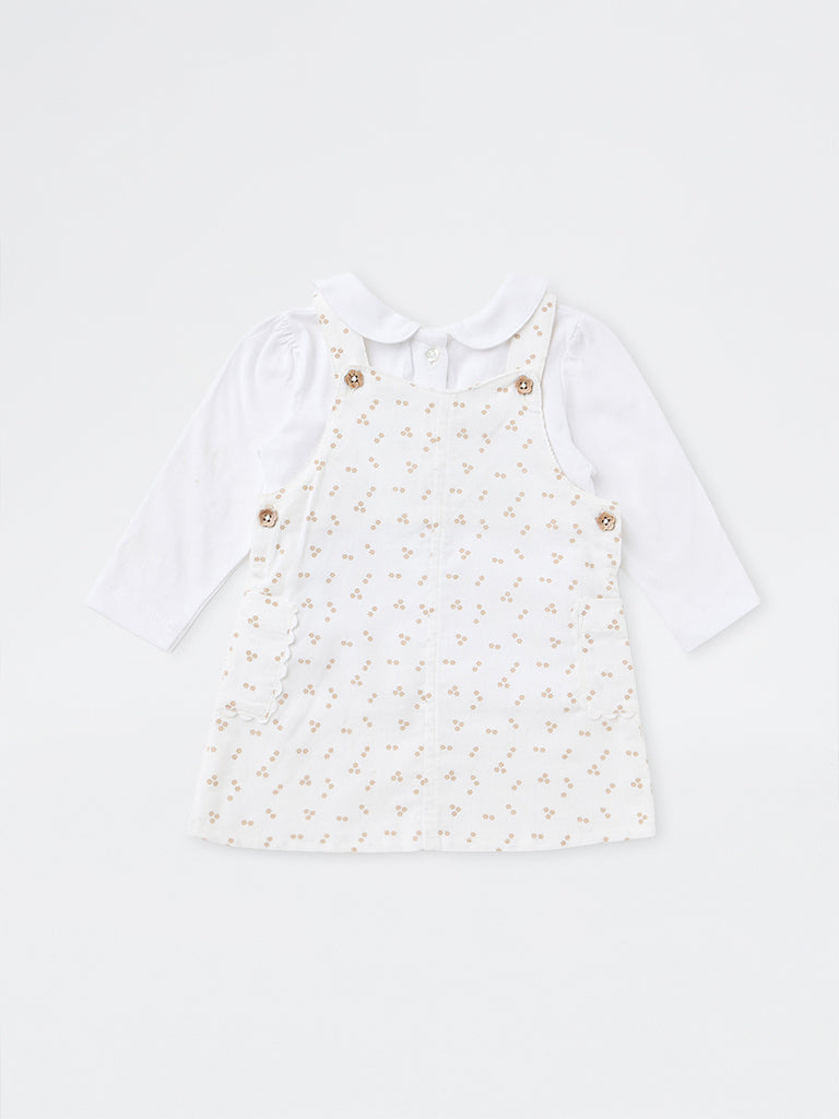 HOP Baby Girls White Printed Denim Pinafore and Top Set