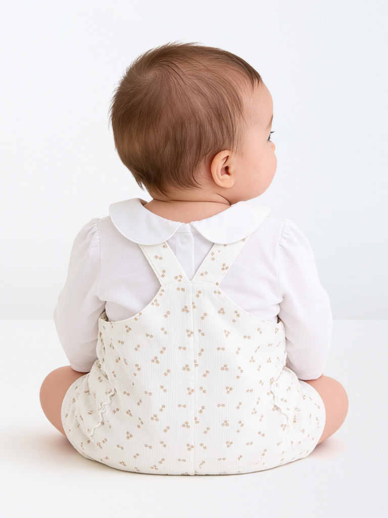HOP Baby Girls White Printed Denim Pinafore and Top Set