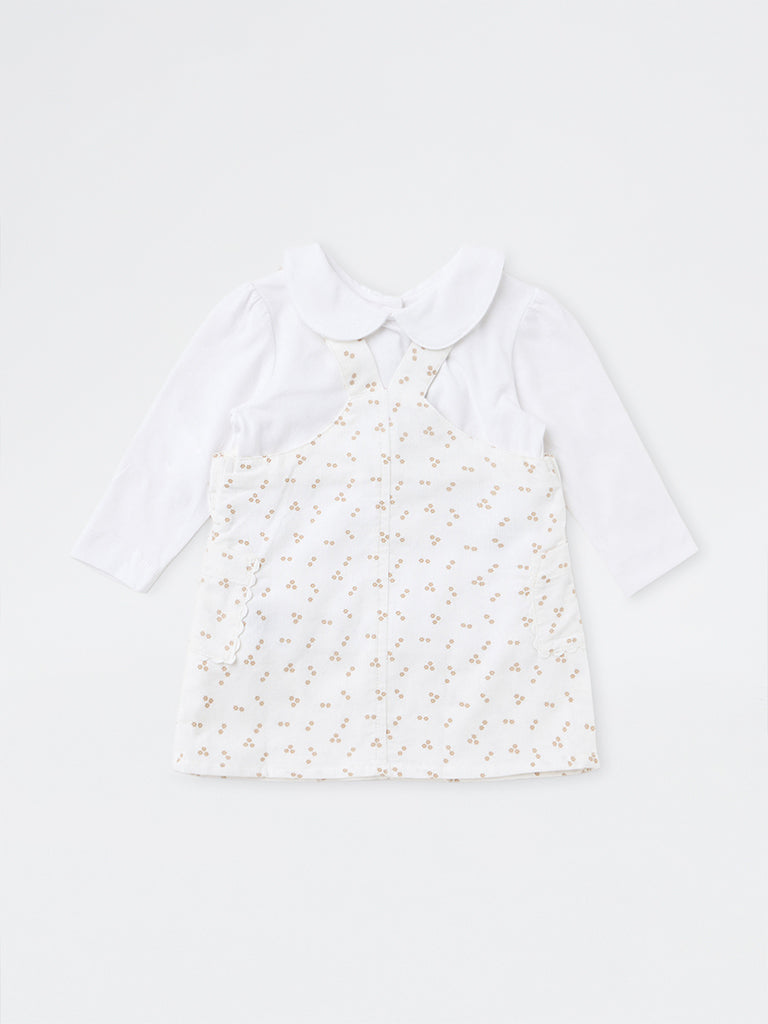 HOP Baby Girls White Printed Denim Pinafore and Top Set