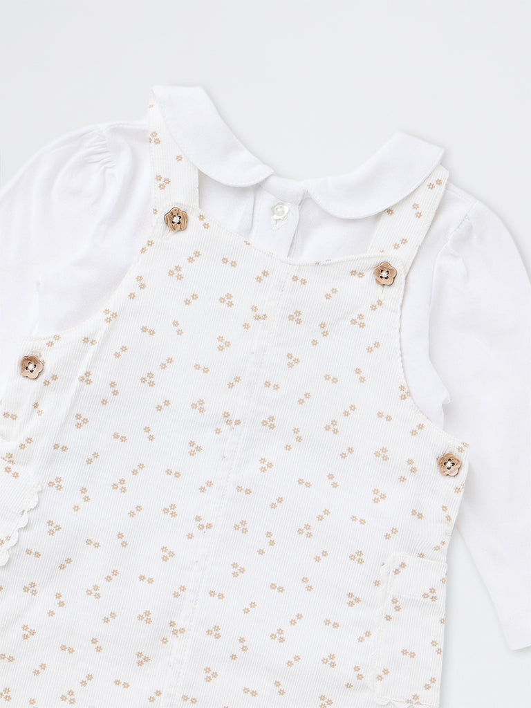 HOP Baby Girls White Printed Denim Pinafore and Top Set