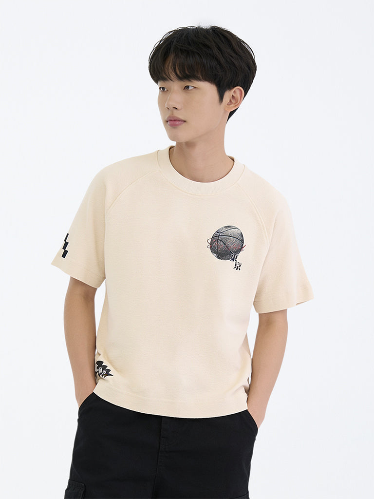 Boys Cream Graphic Printed Cotton T-Shirt