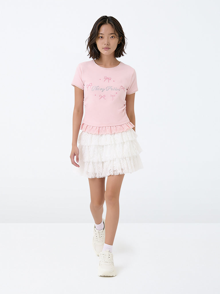 Y&F Kids Girls White Lace Detailed Tiered High-Rise Skirt