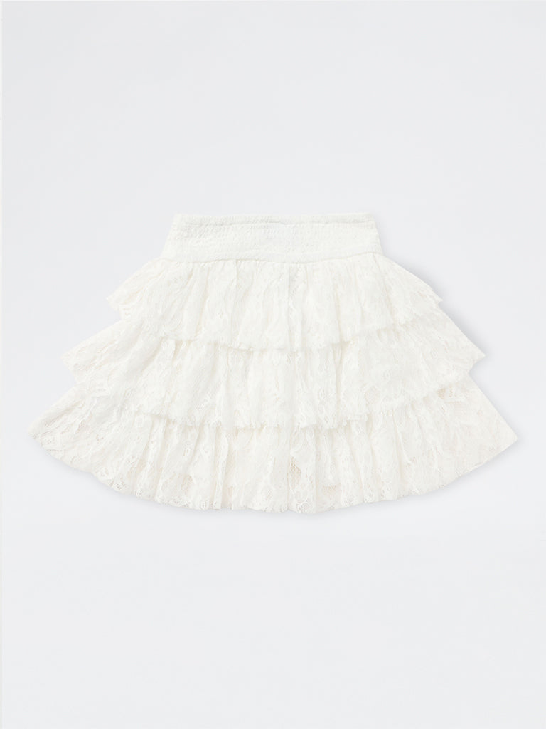 Y&F Kids Girls White Lace Detailed Tiered High-Rise Skirt