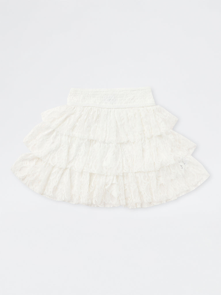 Y&F Kids Girls White Lace Detailed Tiered High-Rise Skirt