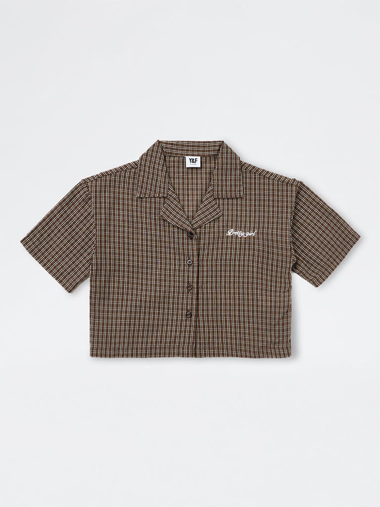 Y&F Kids Girls Brown Checks Pattern Cotton Shirt