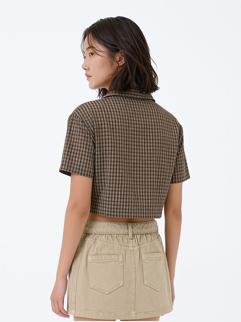 Y&F Kids Girls Brown Checks Pattern Cotton Shirt