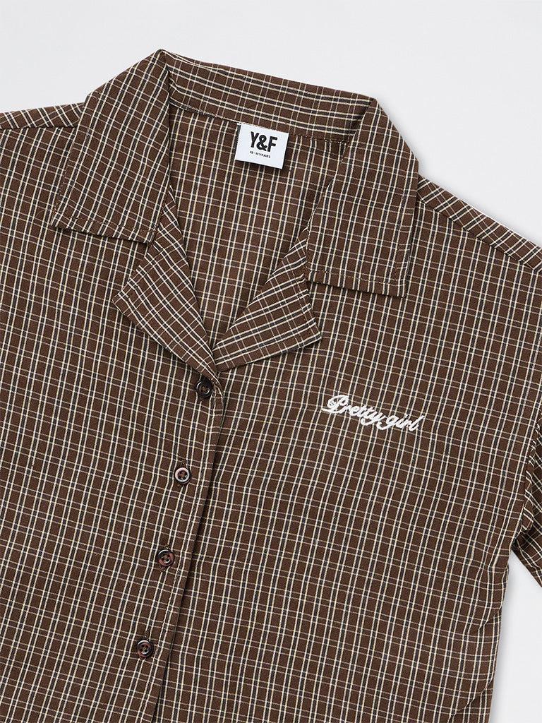 Y&F Kids Girls Brown Checks Pattern Cotton Shirt