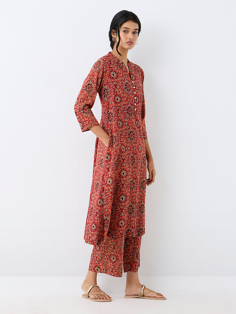 Utsa Red Floral Pattern A-Line Kurta
