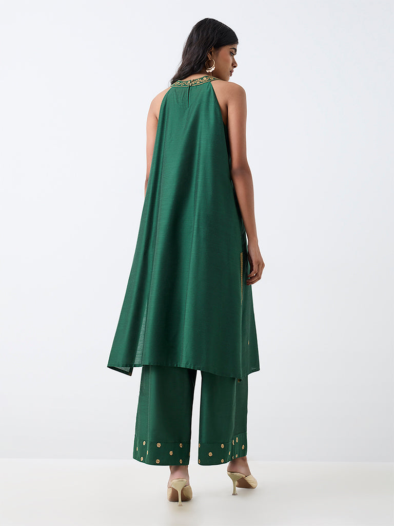 Utsa Dark Green Botanical Embroidered A-Line Kurta