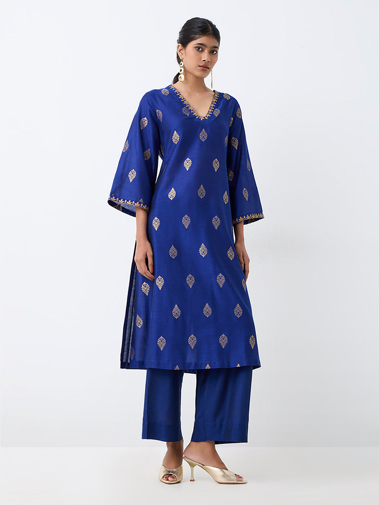 Utsa Blue Floral Printed A-Line Kurta