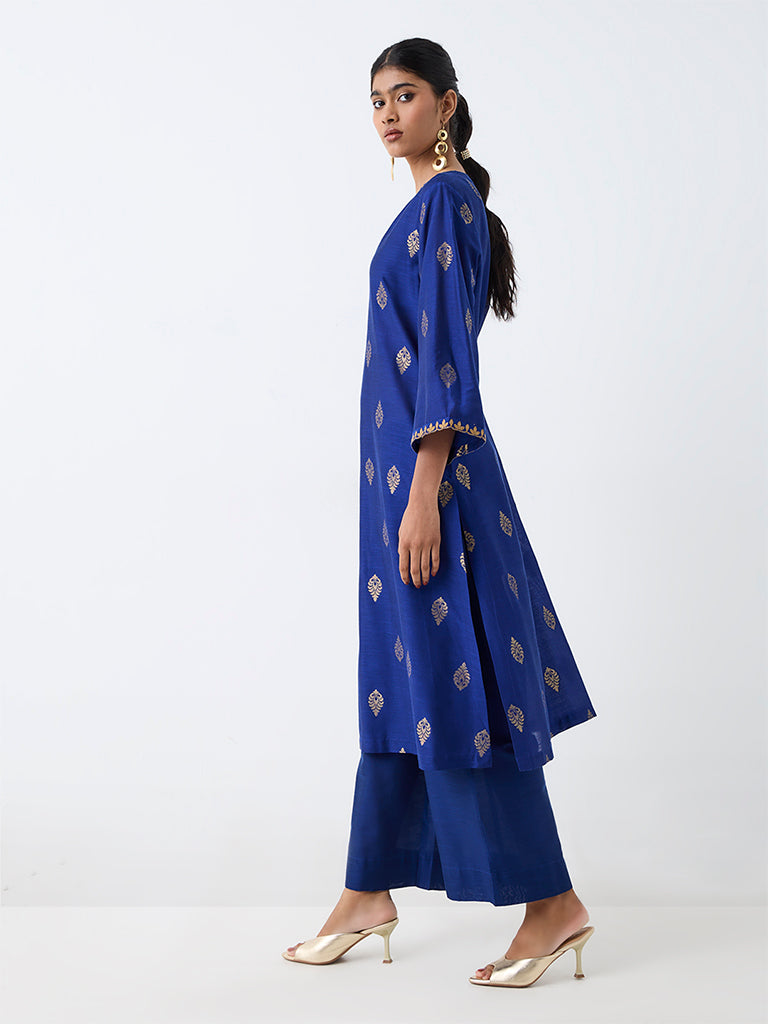 Utsa Blue Floral Printed A-Line Kurta