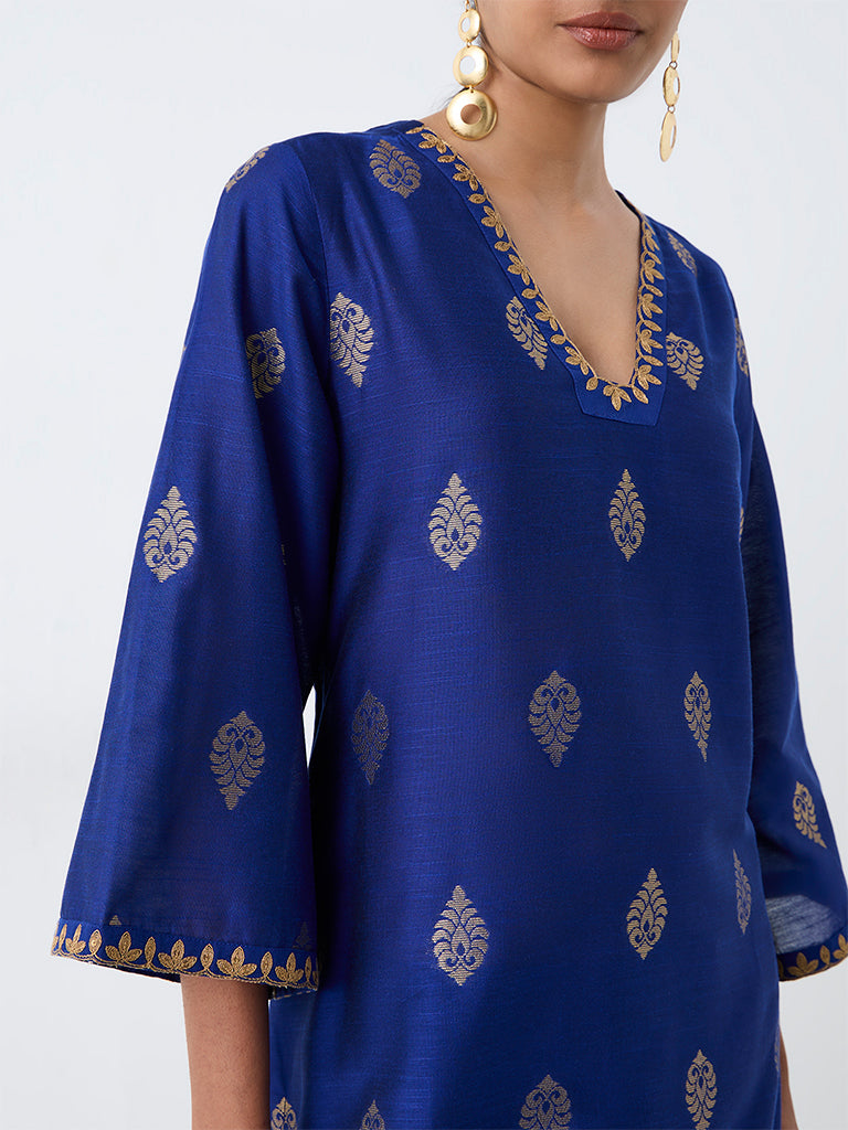 Utsa Blue Floral Printed A-Line Kurta