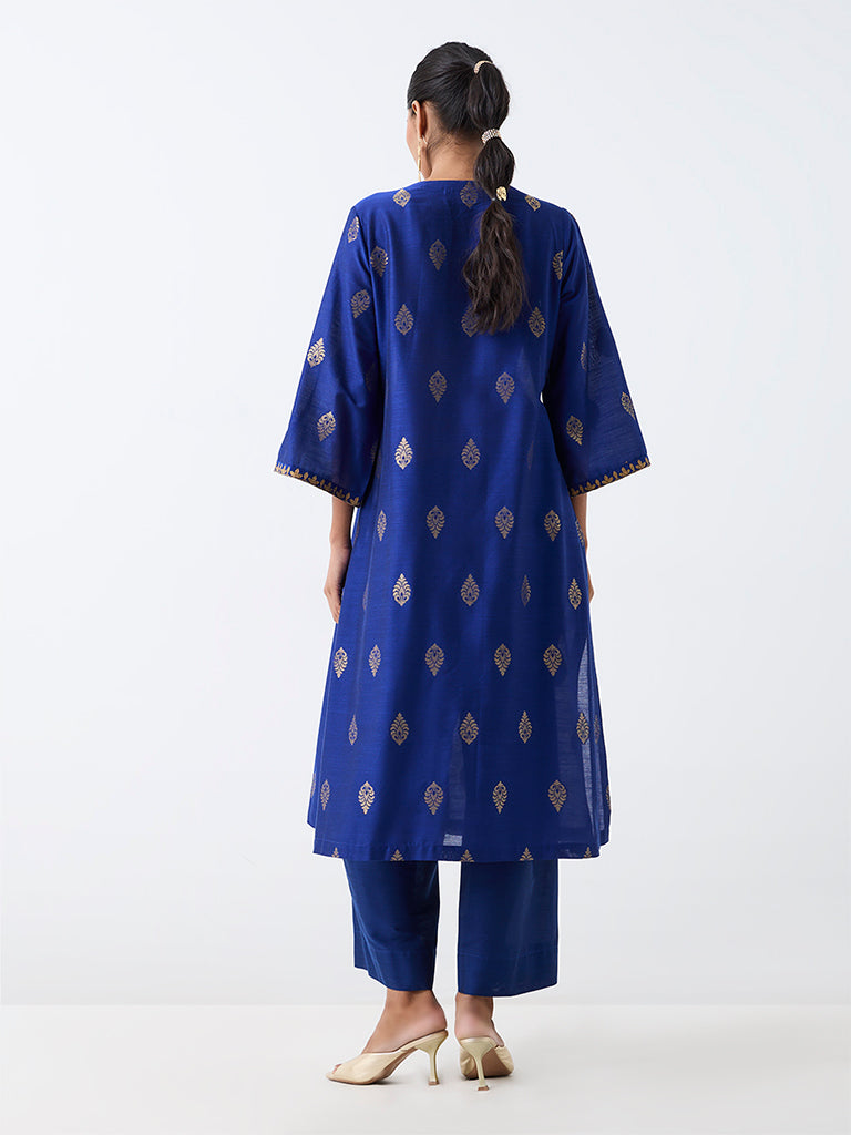Utsa Blue Floral Printed A-Line Kurta