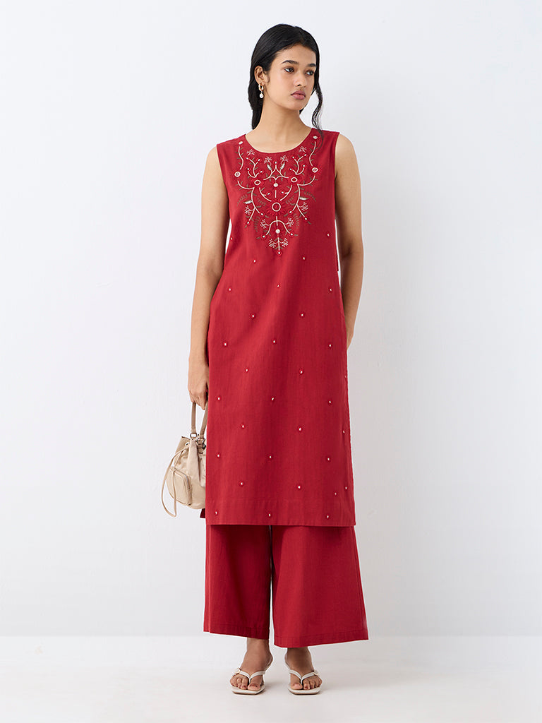 Utsa Red Floral Embroidered A-Line Kurta