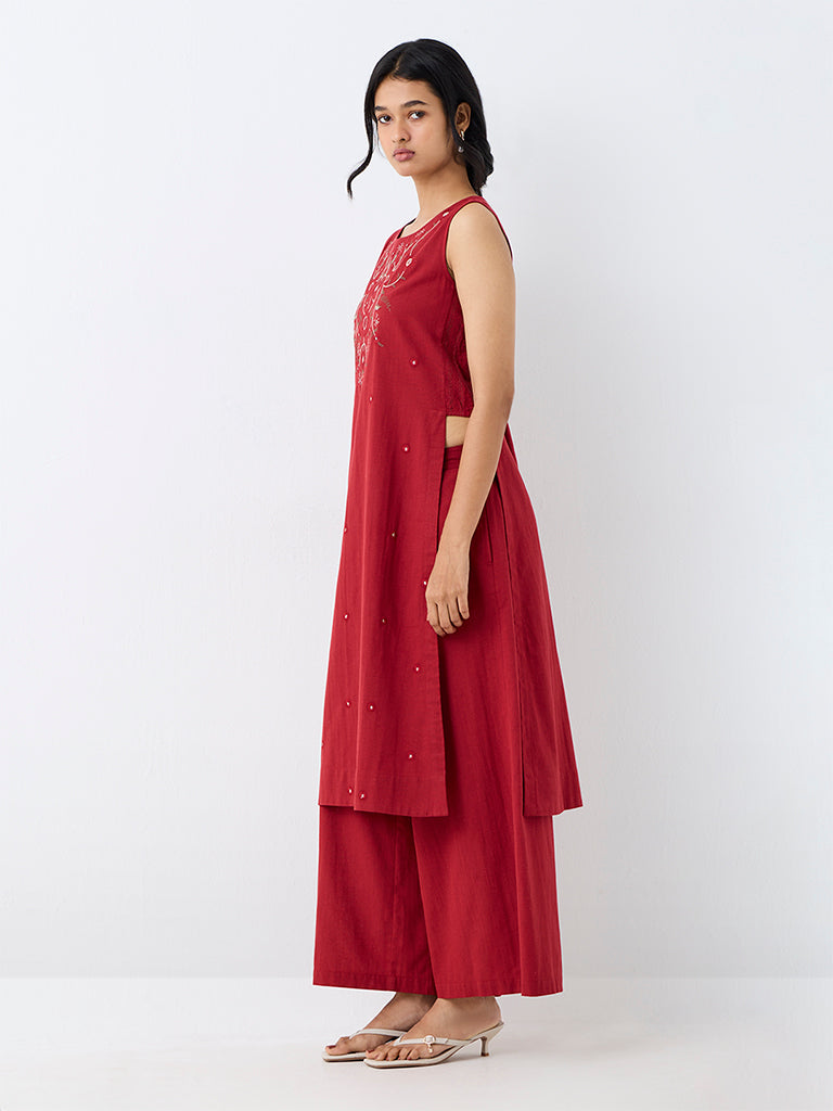Utsa Red Floral Embroidered A-Line Kurta