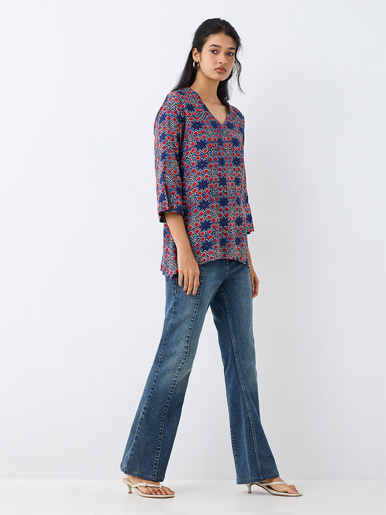 Utsa Dark Blue Printed Cotton-Blend Tunic