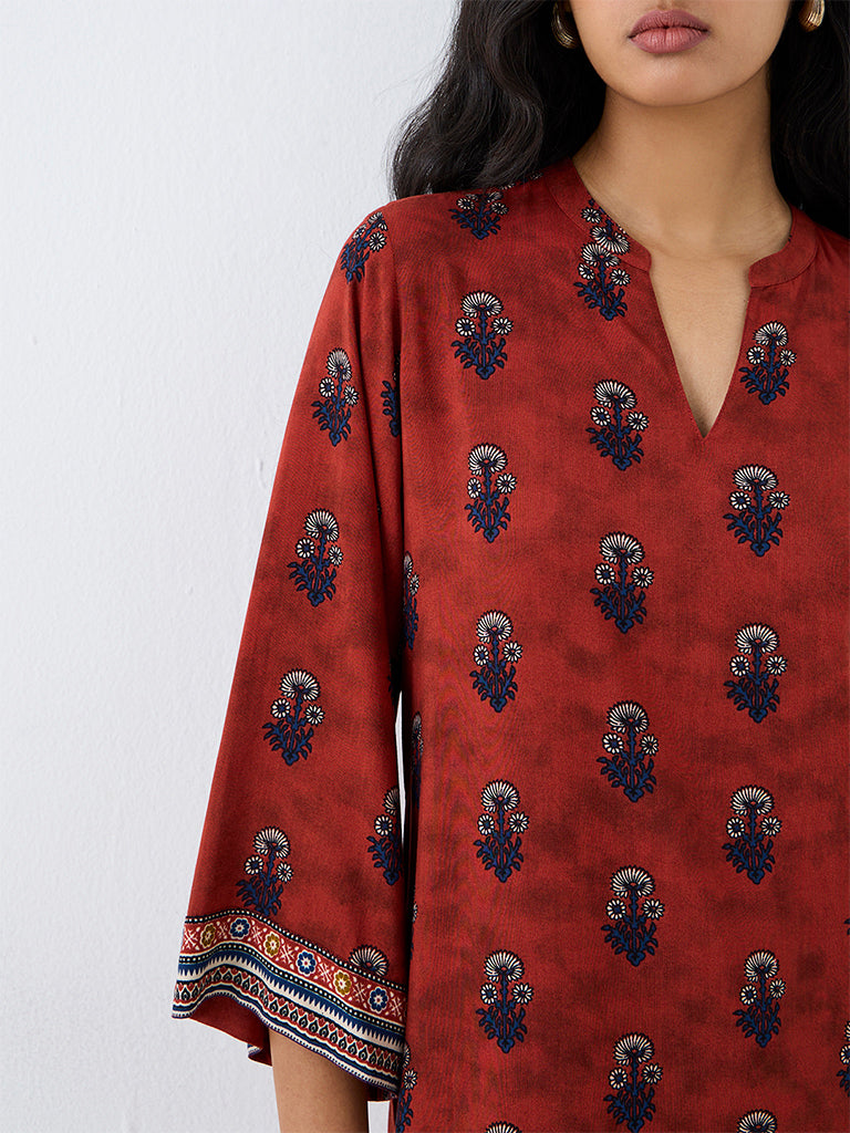 Utsa Red Botanical Printed Cotton-Blend Tunic