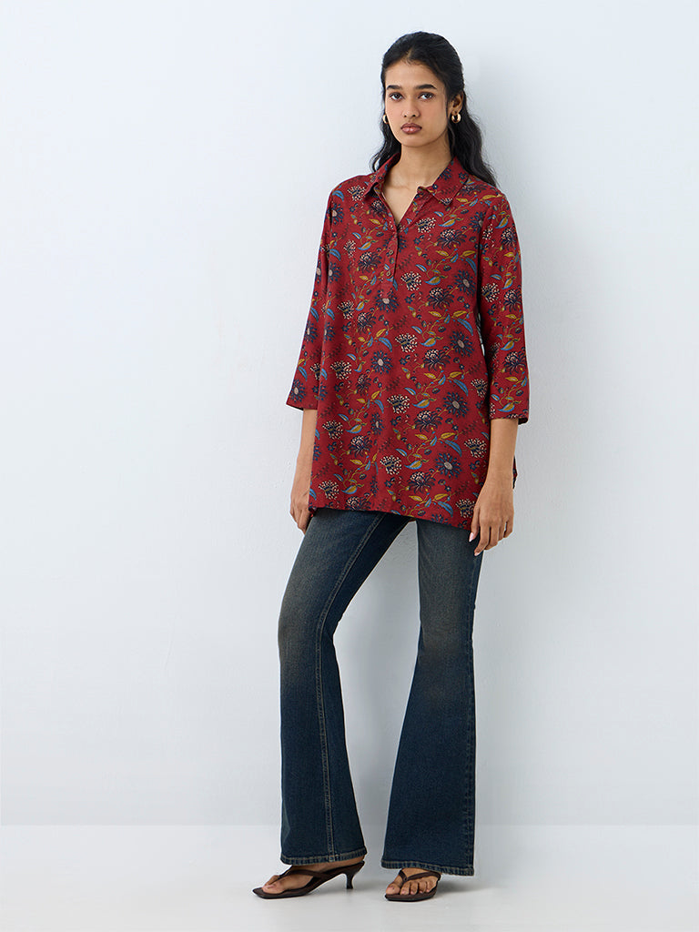 Utsa Maroon Floral Printed Tunic