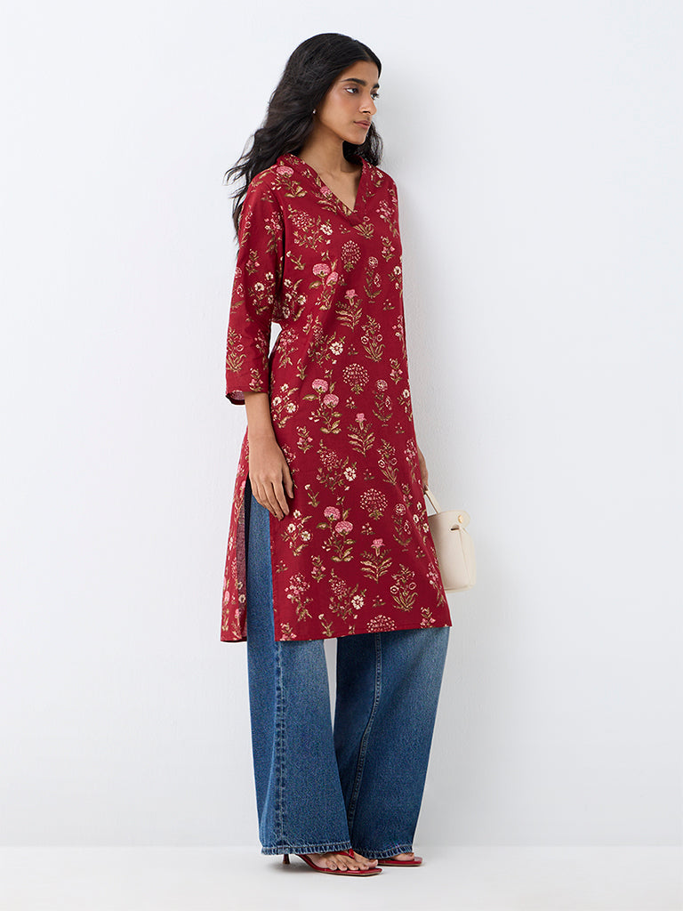Utsa Red Floral Printed Cotton Straight Kurta