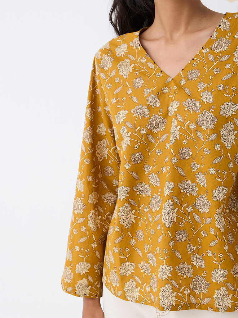 Utsa Mustard Floral Printed Cotton Tunic