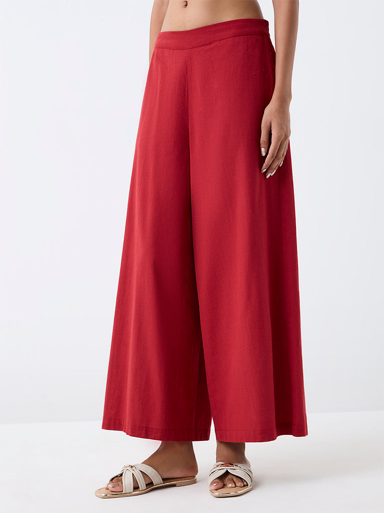 Utsa Red Solid Cotton-Blend Palazzos
