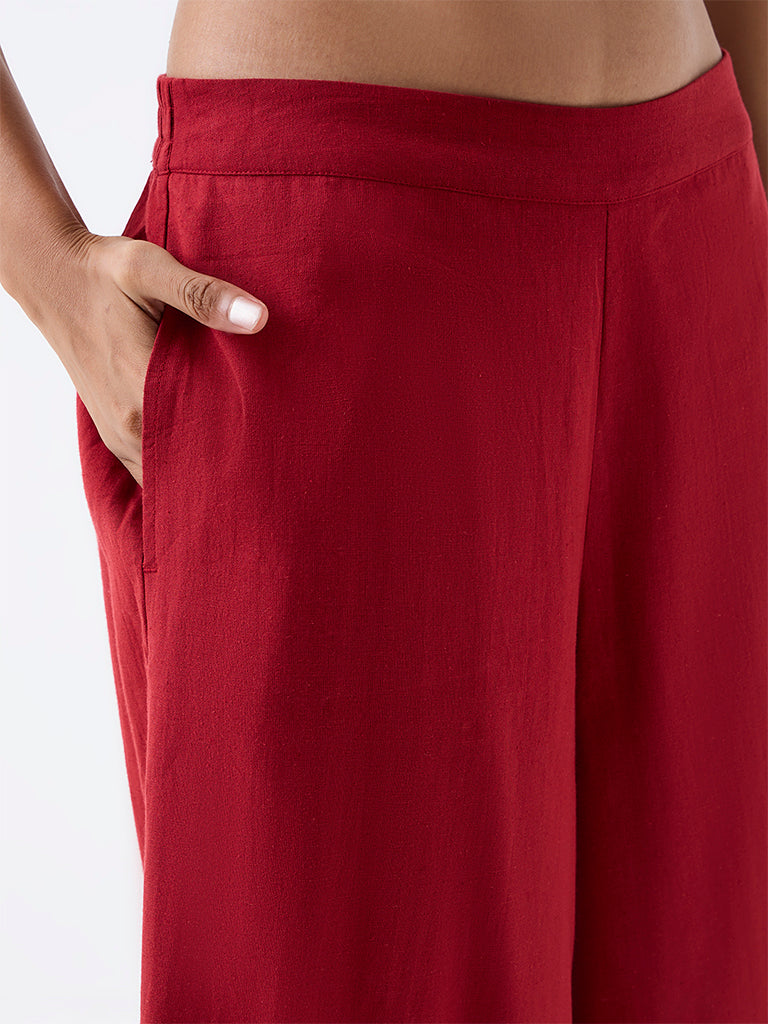 Utsa Red Solid Cotton-Blend Palazzos