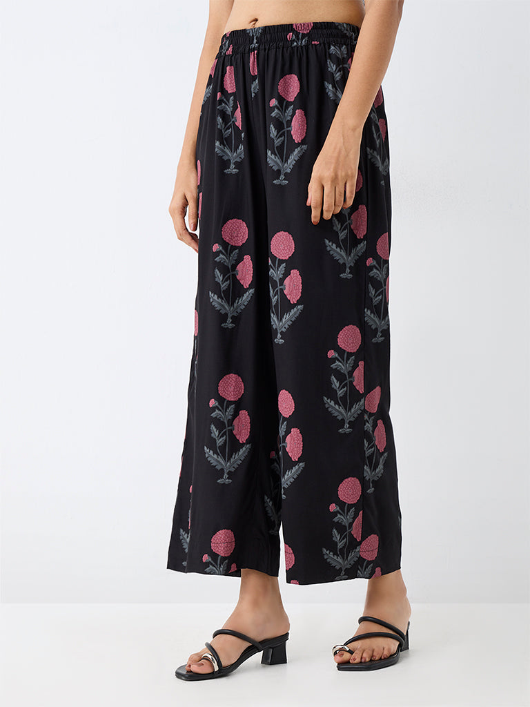 Utsa Black Foliage Printed Cotton-Blend Pants