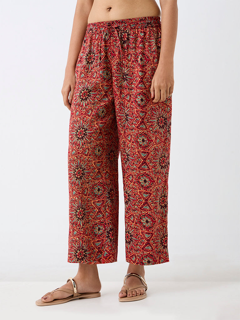 Utsa Red Floral Design Pants