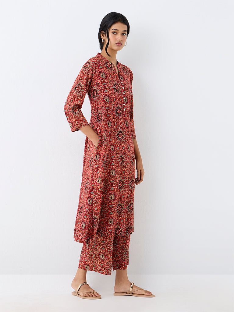 Utsa Red Floral Design Pants