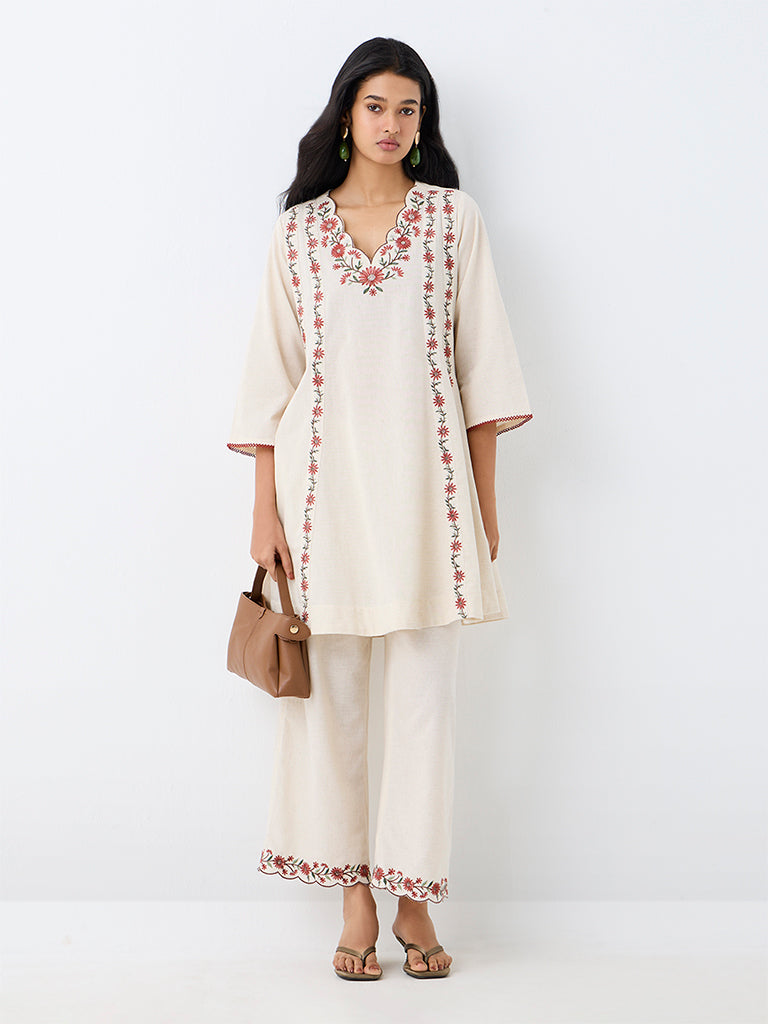 Utsa Off-White Floral Embroidered Cotton-Blend Pants