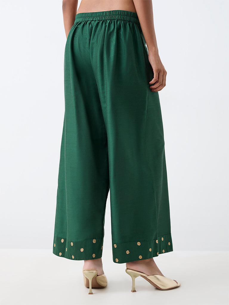 Utsa Dark Green Floral Embroidered Pants