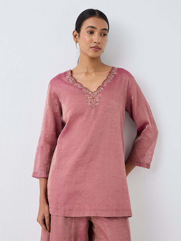 Zuba Dusty Pink Floral Embellished Kurti