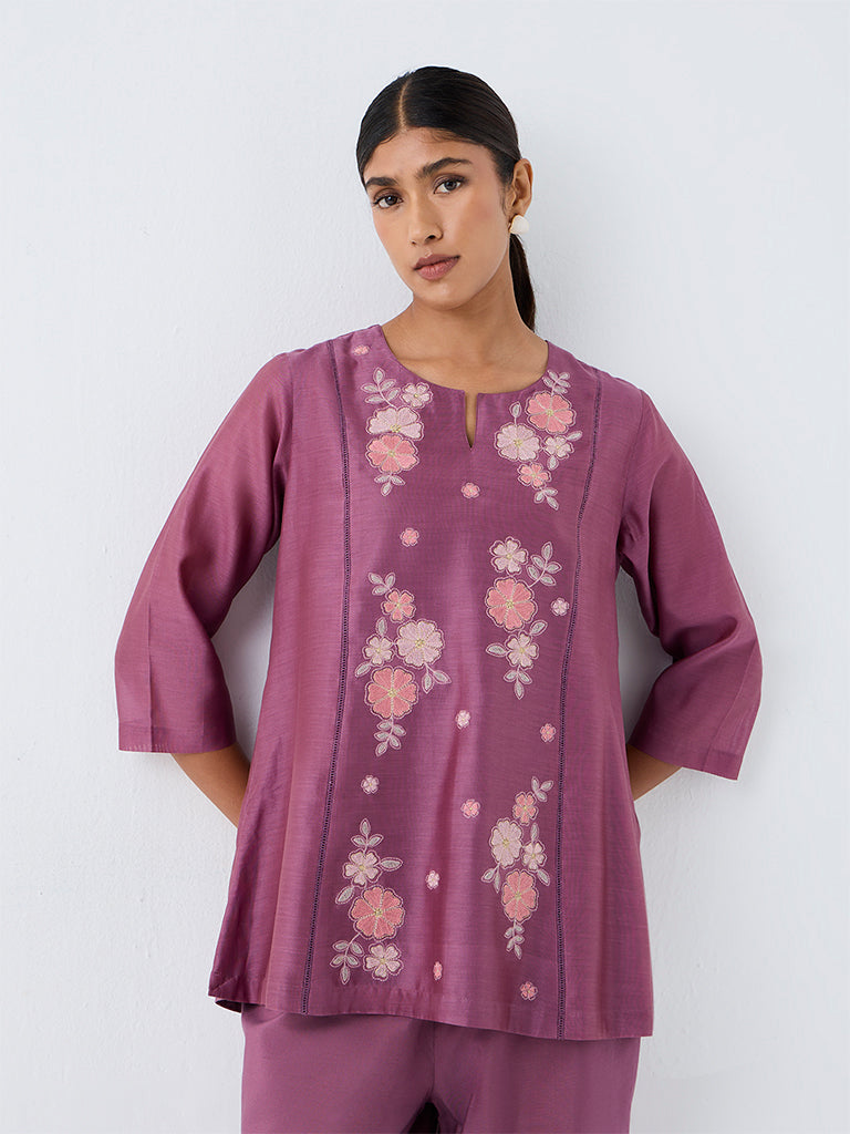 Zuba Purple Floral Embroidered Cotton-Blend Tunic