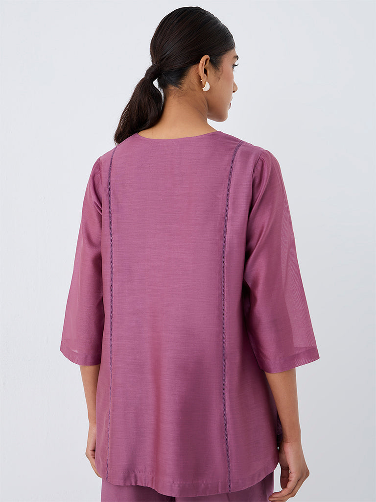 Zuba Purple Floral Embroidered Cotton-Blend Tunic