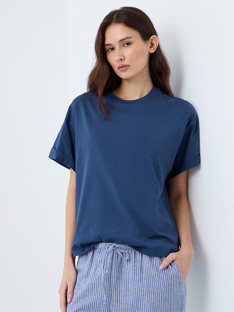 Wunderlove Dusty Blue Solid Cotton T-Shirt