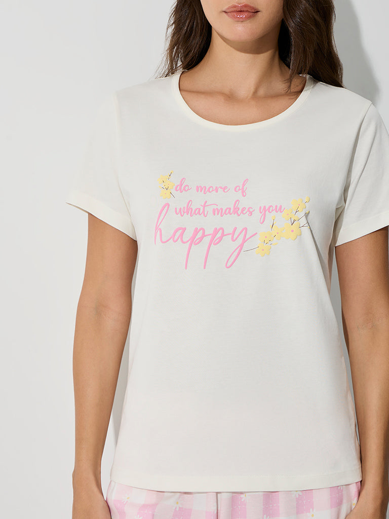 Wunderlove White Text Embossed Cotton T-Shirt and Shorts Set