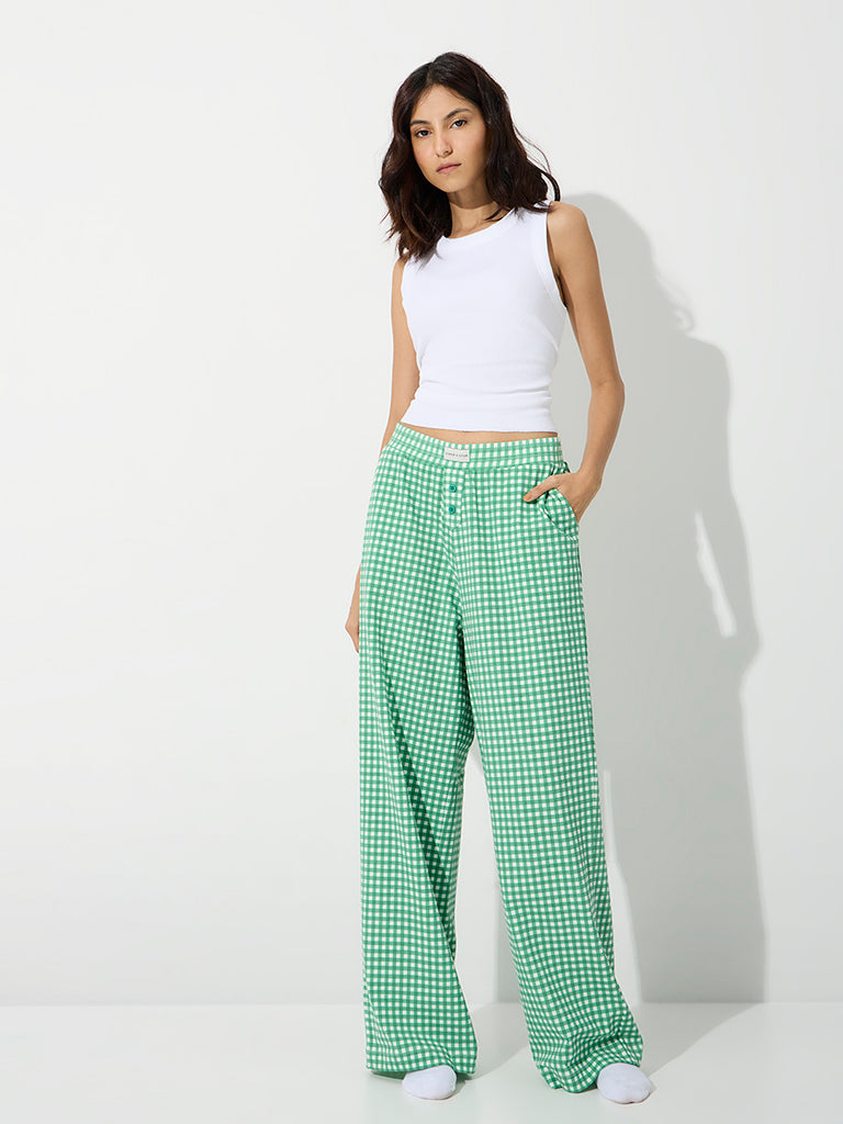 Superstar Green Checkered High-Rise Cotton-Blend Pants