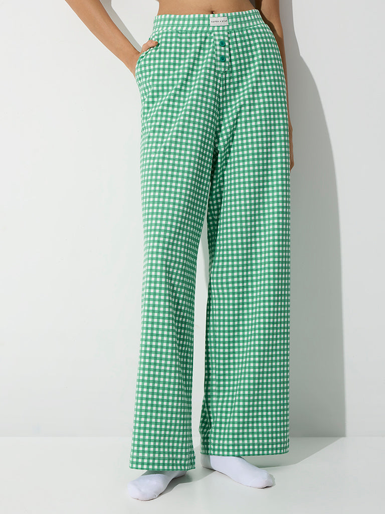 Superstar Green Checkered High-Rise Cotton-Blend Pants
